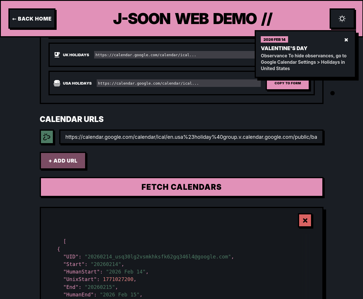 Screenshot of Web Demo for JSOON binary